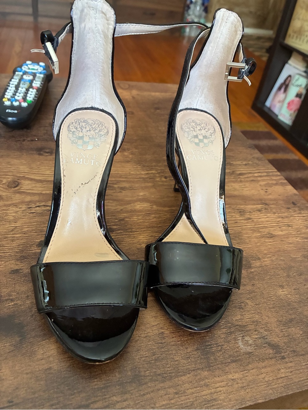 Vince Camuto Black Patent Leather Open-Toe Ankle-Strap Heels